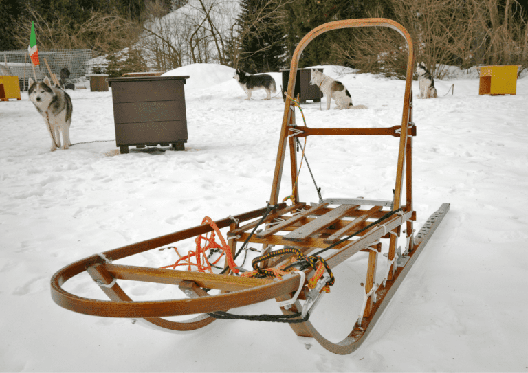 A small wooden toboggan dog sled with a dog sled team in the background