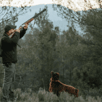 A hunting dog looking up at a hunter who has his rifle pointing to the sky